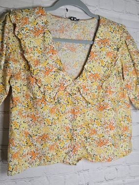 Influence Dramtic Collar Micro‎ Floral Crop Blouse Romantic  Cottagecore Boho M